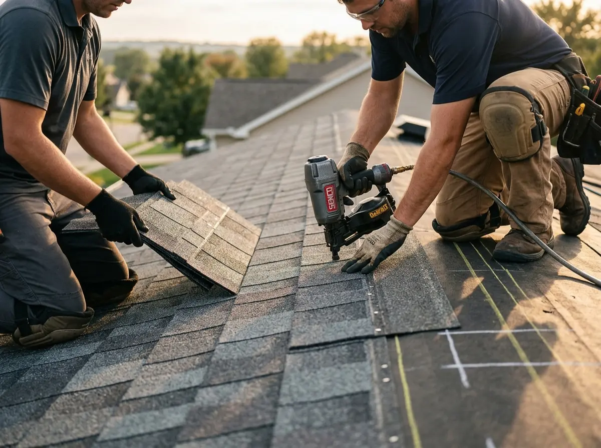 Professional roofer working on a residential roof in West Bridgewater